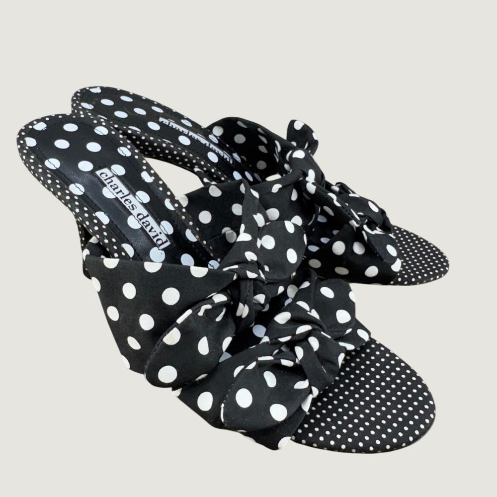 Charles David Polka Dot Bow Kitten Heel Sandals 6.5M Black White Retro Pinup